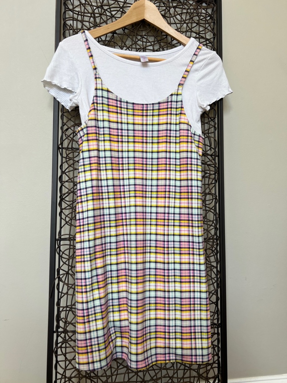 Justice Y2K Plaid Mini Dress+ White Tee Bundle Yellow Pink Green 2 pc Girls 14